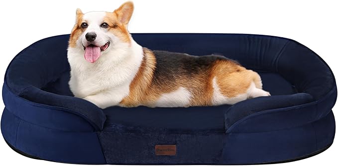 Dwanton Orthopedic Dog Bed for Medium Dogs with Gel Memory Foam, Waterproof Dog Sofa, Washable Pet Bed with Four Sided Bolster Cushion, Removable Cover & Non-Slip Bottom, 36", Navy Blue