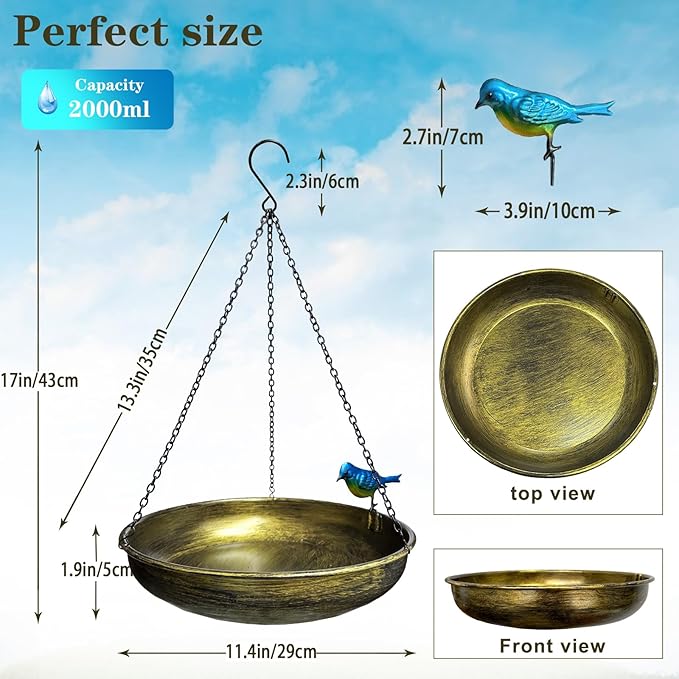TIANCENTRAL H Hanging Bird Bath for Outdoor-11.4 Inch Bird Baths for Backyard Metal Bird Bath Bowl Outdoor Window Birds Feeder with 17”Rust-Proof Black Chains for Garden Yard and Patio Decor