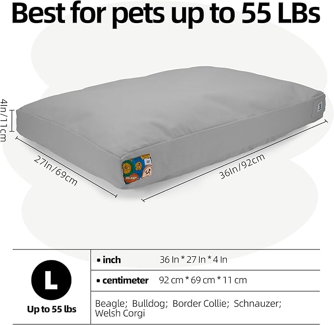 Sytopia 36 Inch Canvas Outdoor Dog Bed for Large Dogs, Great Gift for Pets with Waterproof Machine Washable Removable Cover, Indoor Patio Pet Pad for Crate, Light Grey