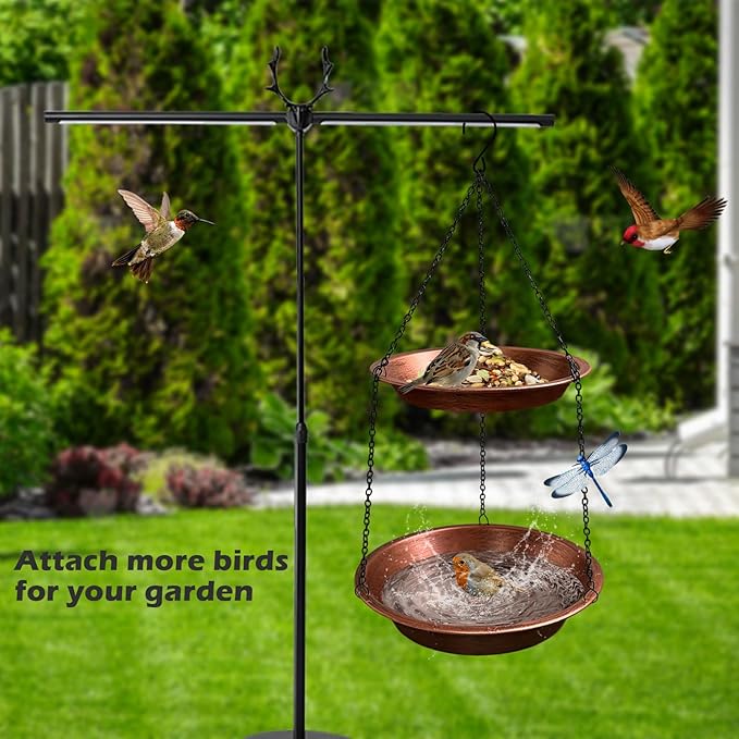 Double Layer Metal Hanging Birdbath 2 in 1 Bird Feeders with Black Chains for Outdoor Garden Yard Decor in Copper Color