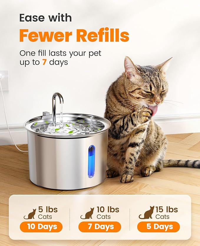 oneisall Stainless Steel Cat Water Fountain, 2L Water Fountains for Cats Indoor with Quiet Pump and 2 Replacement Filters, Pet Water Fountain Faucet Spout Design Cat Fountain Drinking Inside, PWF 001