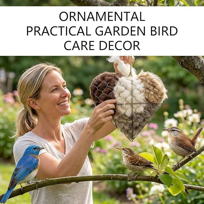 Handmade Alpaca Fiber Bird Nesting Heart, Bird Nesting Material Holder for Hummingbirds and Wild Birds, Garden Art Birdhouse, Decorative Outdoor Installation for Bird Enthusiasts and Nature Lovers