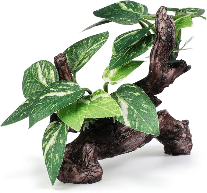 Veemoon Aquarium Driftwood Resin Decor with Cloth Leaf Plants and Driftwood Cave Realistic Fish Tank Landscape Ornament for Freshwater and Saltwater Aquatic Pets 6.69 X 4.33 X 3.93 Inch