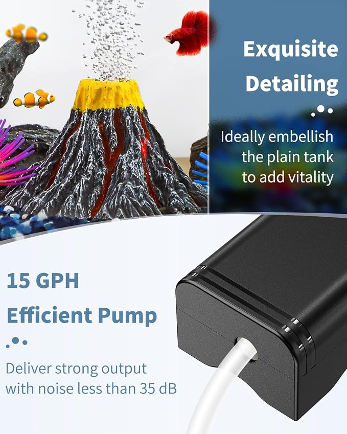 Uniclife Aquarium Volcano Ornament Kit Volcanic Eruption Decoration with Mini Air Pump Red LED Spotlight Air Stone Bubbler Airline Tubing Check Valve Fish Tank Resin Decor for Landscape and Aeration