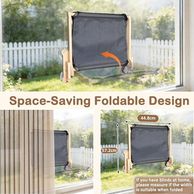 SZEE Window Cat Cooling Bed with Reversible Ice Silk Mat, Foldable Cat Window Perch Hammock with Sturdy Wooden Frame, with Soft Flannel Plush Backing for All-Season Use