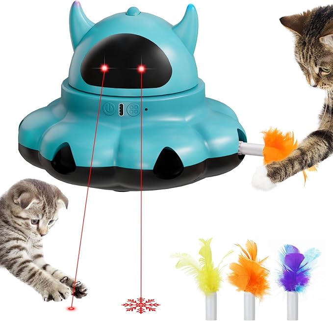 MIKK Cat Laser Feather Toy 2-in-1 Interactive for Indoor Cats Automatic with Remote Control USB-C Rechargeable, No Batteries Needed, Easy Setup, Multi-Cat Use Electronic Kitten Exercise Toy (Blue)