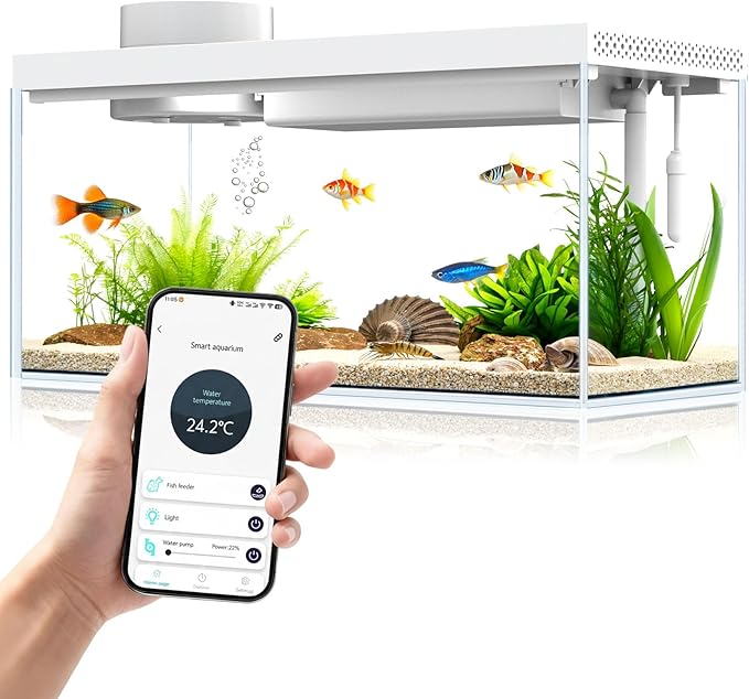 1.3 Gal Glass Desktop Fish Tank Kit with Bluetooth App Control - Automatic Feeder, RGB Lighting, Temperature Monitor & Self-Cleaning Filtration - Small Aquarium for Betta, Guppy, Shrimp