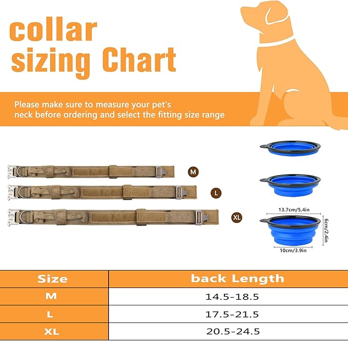 HYDEME Tactical Dog Collar Adjustable Nylon Collar with Control Handle and Heavy Metal Buckle for Medium and Large Dogs, with Patches&Airtags Case&Poop Bag Dispenser&Portable Bowl. (XL, Brown)