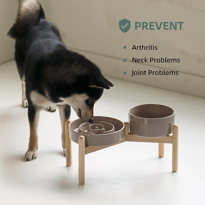 Havniva Ceramic 1.2 Cup Raised Slow Feeder Dog Bowl Set, Elevated 6.1inch Bowl and 7.3inch Puzzle Slow Food Dish with Wooden Stand for Medium and Small Dog, Anti-Gulping (2 x Brown Coffee+ Stand)