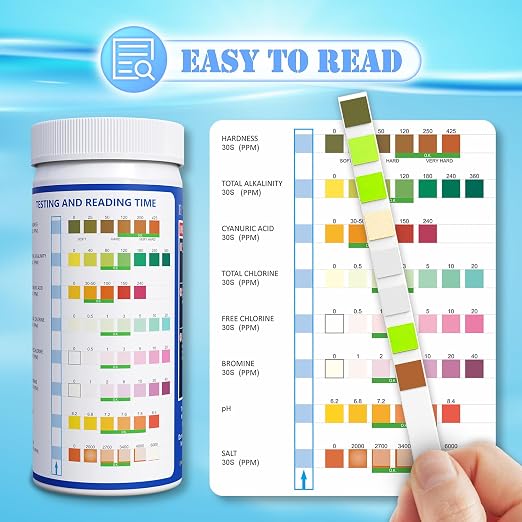 Salt Pool Test Strips Salt Water Pool Testing Kit (8-Way) | 125 Spa Hot Tub Test Strips Saltwater Pool Test Kit - Rapid Accurate Easy to Test Hardness, Bromine, pH, Salt and More