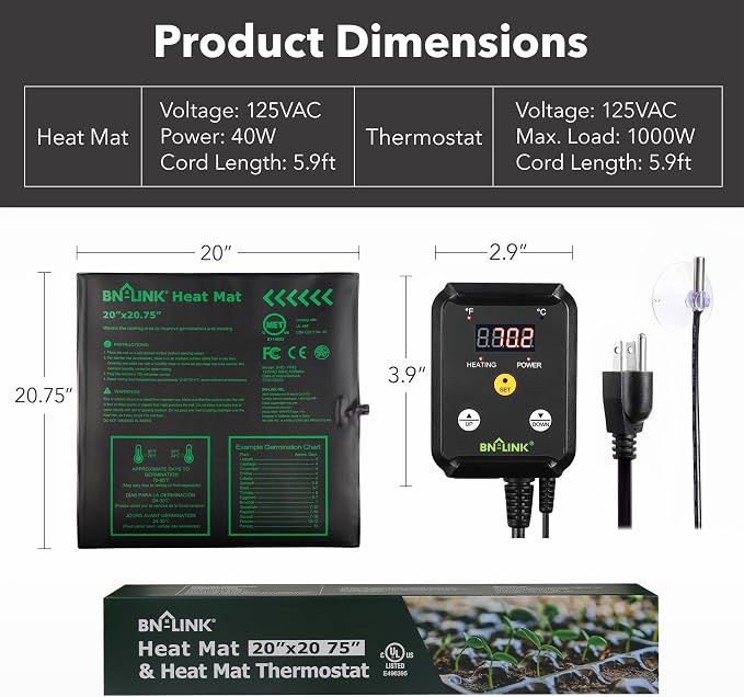BN-LINK 20" x 20.75" Seedling Heat Mat with Thermostat Controller Combo Set | Plant Heating pad for Seed Starting with Temperature Control, Warming Mat for Indoor Growing, Plants Germination, ETL Listed