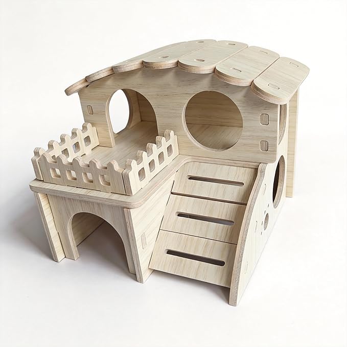 Multi-Chamber Hamster Hideout & House, Natural Wood Small Animal Cage Accessories for Dwarf Hamsters, Gerbils and Mice – Ventilated Design with Structure (Model 2)