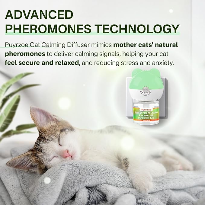 puyrzoe Cat Calming Diffuser with 3 Timing Functions, 6-in-1 Cat Pheromones Calming Diffuser Kit, 120-Day Anxiety Relief, Stress Reduction & Relaxation for All Cats (2 Diffusers + 4 Refills)