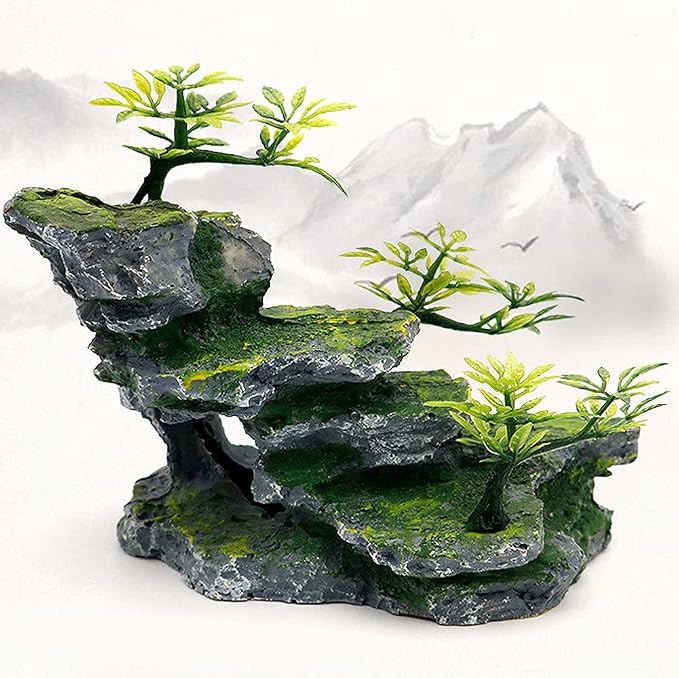 IBWell Aquarium Ornament, Mountain View Stone with Moss Tree Rock Cave Landscape Artificial Fish Tank Decoration