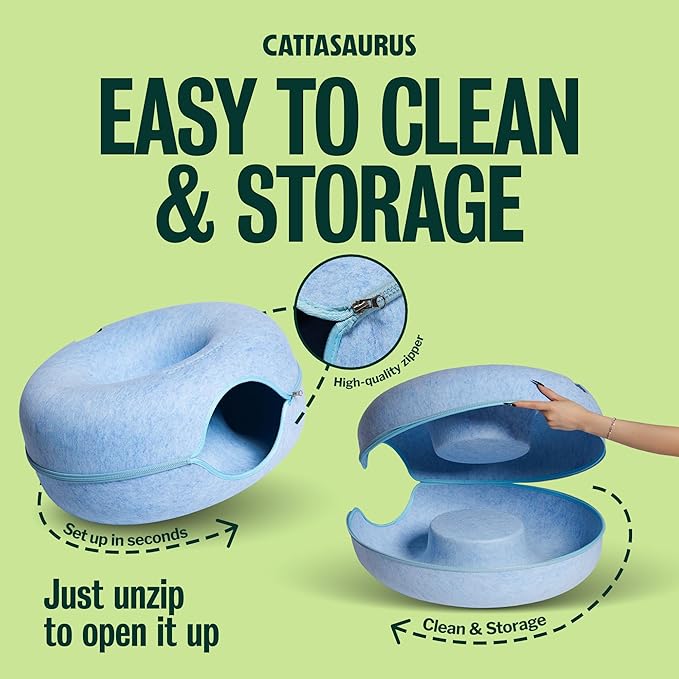 Cattasaurus Peekaboo Cat Cave Donut for Multiple & Large Cats up to 30-45 lbs, 3-in-1 Self Warming Cat Bed, Tunnel & Scratcher for Indoor Cats, Washable & Detachable Small Dog Bed (Blue, Large)