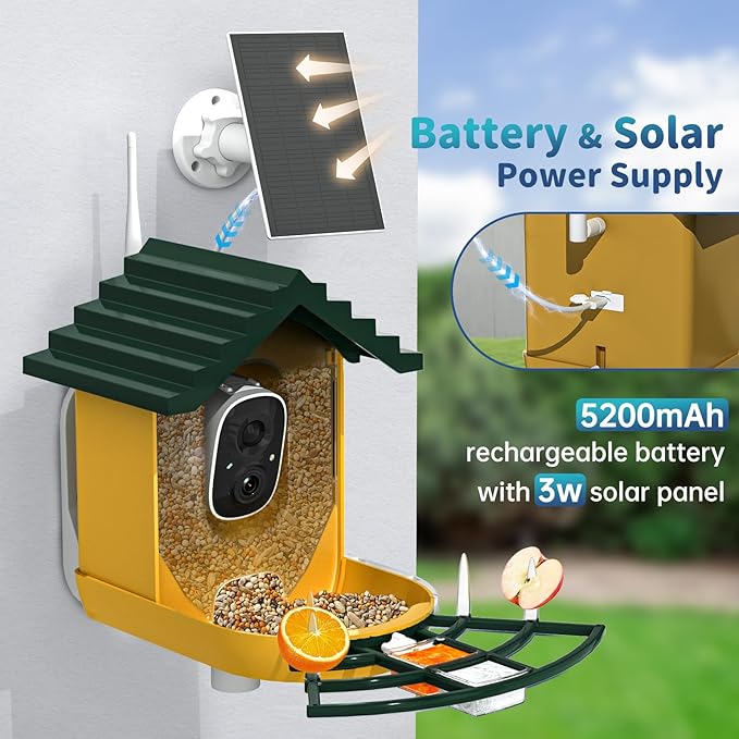 Smart Bird Feeder with Camera Solar Powered & AI Bi rd Identification, 2.4Ghz WiFi Bird feeders for Outdoors, 2K Live Video, Instant Arrival Alerts - Green-Yellow