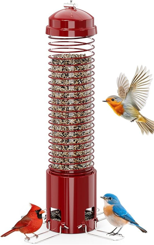 Squirrel Proof Bird Feeder, Metal Bird Feeders for Outdoors Hanging, 3.6LB Large Seeds Capacity for Wild Birds, Finch, Cardinal, Blue Jay, Chickadee, Red