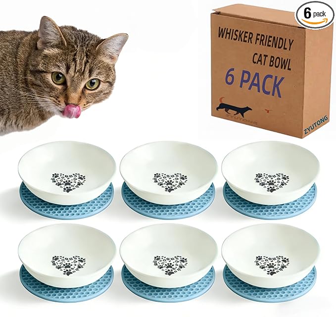 6PCS Whisker Fatigue Ceramic Cat Dishes - 5.5" Shallow Cat Food Bowl, Cute Kitten Plates for Wet Food, Whisker-Friendly, Non-Slip, Wide, White, Heart & Claw Pattern