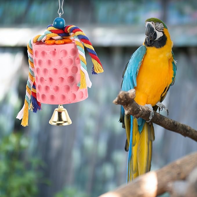Luxshiny Mineral Block Bird Chewing with Bell for Parrots and Parakeets Beak Grinding Stone Cage Accessory for African Grey Cockatiels Interactive Chew for Boredom Relief and Play