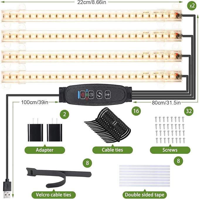 8.6'' LED Grow Light Strips, Full Spectrum 3500K Grow Lights for Indoor Plants, 4 Head with 3/9/12H Timer, 10 Dimmable Levels, Suitable for Seedling, Succulent, Plant Shelf and Greenhouse, 2-Pack