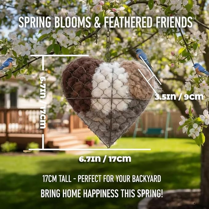 Handmade Fiber Bird Nesting Heart, Refillable Birds Haven 1 Heart Shape Hummingbird Nesting and 2 Bags of Nest Materials, Winter Fowl Gifts Animal Hummingbirds Lovers Home Garden Yard(3Set)
