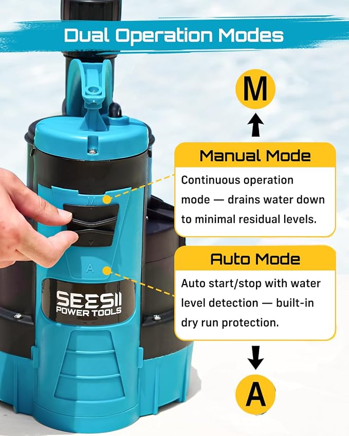 SEESII 1HP Automatic Submersible Water Pump - 5548 GPH High Flow | Auto/Manual Modes, Sump Pump with Dry Run Protection for Fast Water Removal from Pools, Hot Tubs, Basements, Ponds and Yards