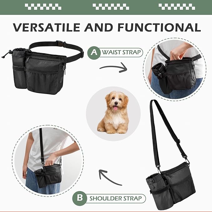 Dog Treat Training Pouch with Magnetic Zipper Closure - Built-in Poop Bag Dispenser, Side Pocket for Dog Water Bottle, 3 Ways to Wear,Carry Kibble & Pet Toys (Black)