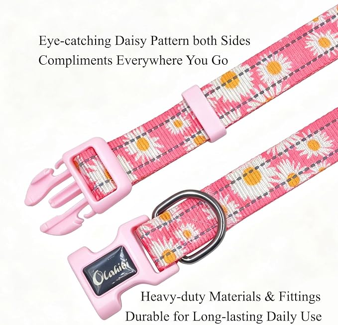 Dog Collar Leash Set, Floral Pattern, with Safety Reflective Strips, 5 ft Matching Leash, Neoprene Padded Handle, Adjustable 4 Sizes for Small Medium Large Dogs.(S, Pink Daisy)