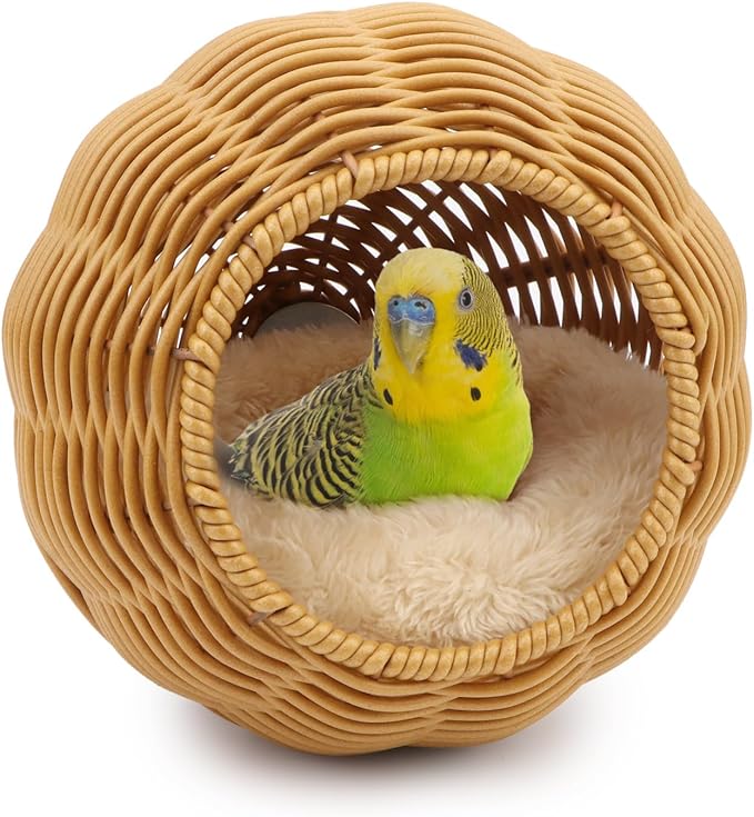 Hypeety Rattan Steel Frame Bird Nest for Cage Chewproof Parakeet Nest House Small Bird Bed Hammock with Removable Soft Plush Cushion for Small Parrots Budgies Canaries Cockatiels Finches Lovebirds