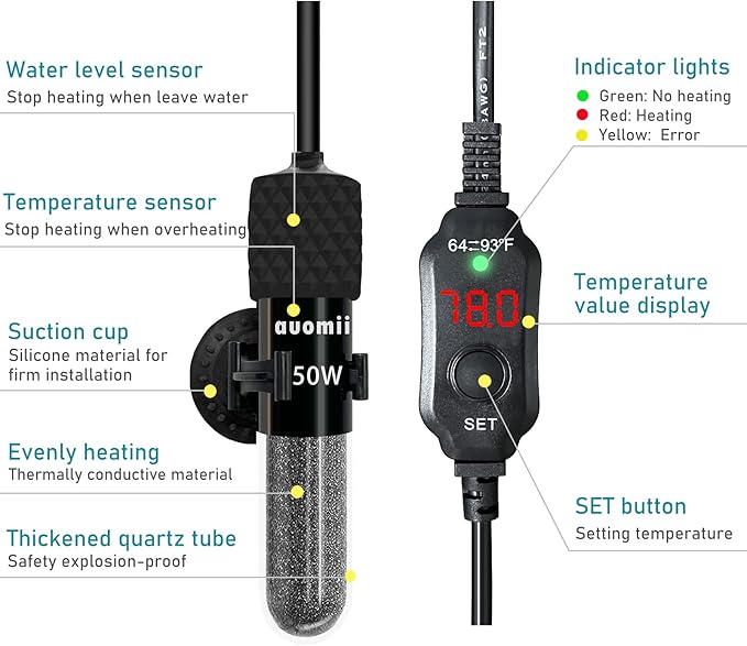 Small Submersible Aquarium Heater,Adjustable Mini Fish Tank Heater 25/50/100/150/200/300 Watts with External Temperature Controller, LED Display, Smart Memory, Used for 1-60 Gallons (50W)