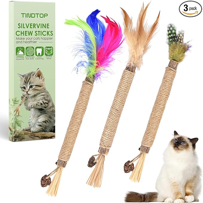 TINDTOP Silvervine Chew Sticks for Cats, Natural Catnip Chew Toys for Kittens Teeth Cleaning, Matatabi Dental Care, Increase Appetite, Calm Cat Anxiety and Stress, Cat Dental Toy (3 Pack)