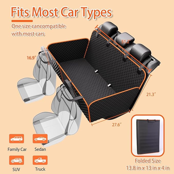 Chilino Back Seat Extender for Dogs - Large Space, Waterproof Dog Car Seat Cover for Back Seat with Hard Bottom Holds 420lbs, 600D Heavy-Duty Upgraded Material Dog Hammock for Car（Black