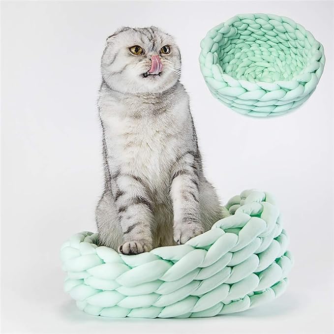 Woven Dog Bed Basket, Knitted Cotton Cat Bed Round Washable Woven Cat Pet Bed Chunky Dog Basket, Orthopedic, Chunky Knit Dog Nest,Dog Bed,Dog Cave,Dog Bedding(Green 3,23")