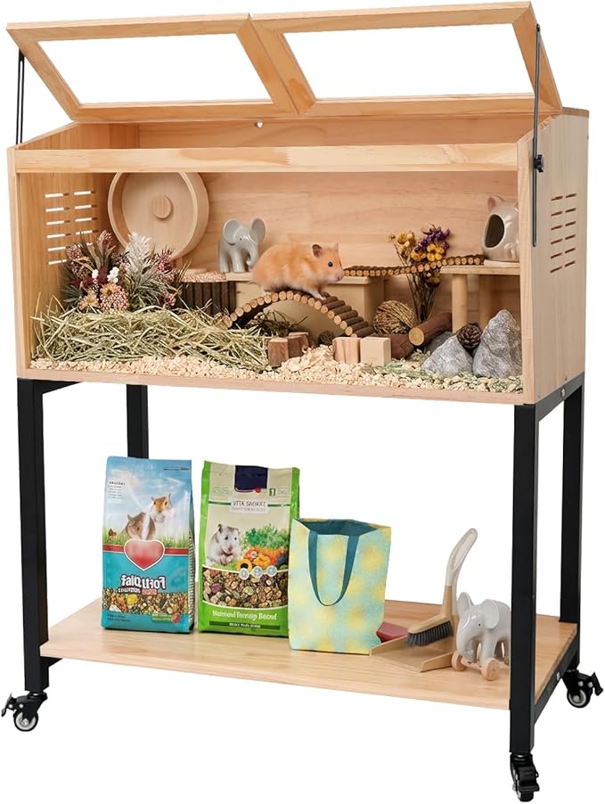 Wooden Hamster Cage with Storage Shelf, Large Hamster Cage, Pine, Guinea Pig Cages, 40.0" L x 20.0" W x 42.0" H Small Animal Cages with Stand & Wheels for Guinea Pig, Chinchilla, Rat, Bunny, etc.
