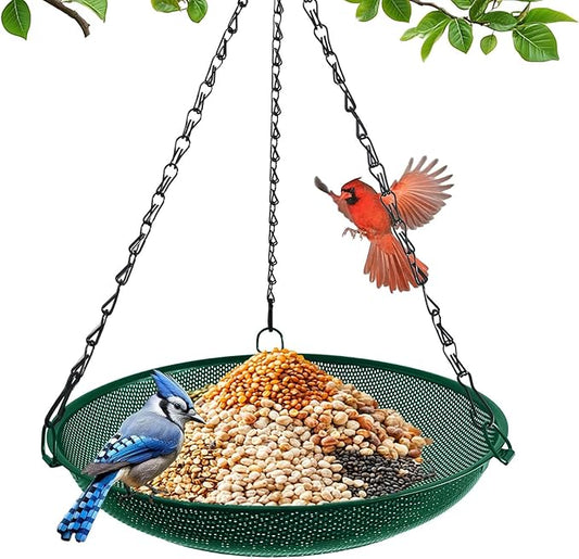 Hanging Bird Feeder for Outdoors – 12 in Platform Bird Feeder, Metal Mesh Seed Tray for Wild Birds, Green