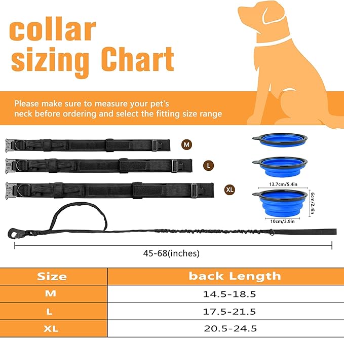 HYDEME Tactical Dog Collar Adjustable Nylon Collar with Control Handle and Heavy Metal Buckle for Medium and Large Dogs, with Patches&Airtags Case&Poop Bag Dispenser&Portable Bowl. (M, Black-Set)