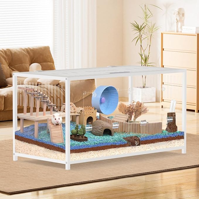 Large Metal Hamster Cage - Chew Proof Syrian Hamster Cage & Habitat with Acrylic Panels, Top Open, Breathable, Big Hamster House for Gerbils, Guinea Pigs, 40.5 x 20.4 x 22 Inch, White