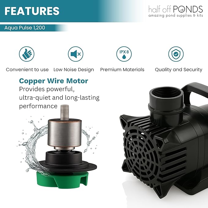 HALF OFF PONDS Submersible Water Pump, 1,200 GPH Pond Pump with 33FT Power Cord and 17FT Max Head, 144W Ultra Quiet Energy Efficient Pump for Koi Pond, Fountain, Waterfall, Water Garden, Skimmer