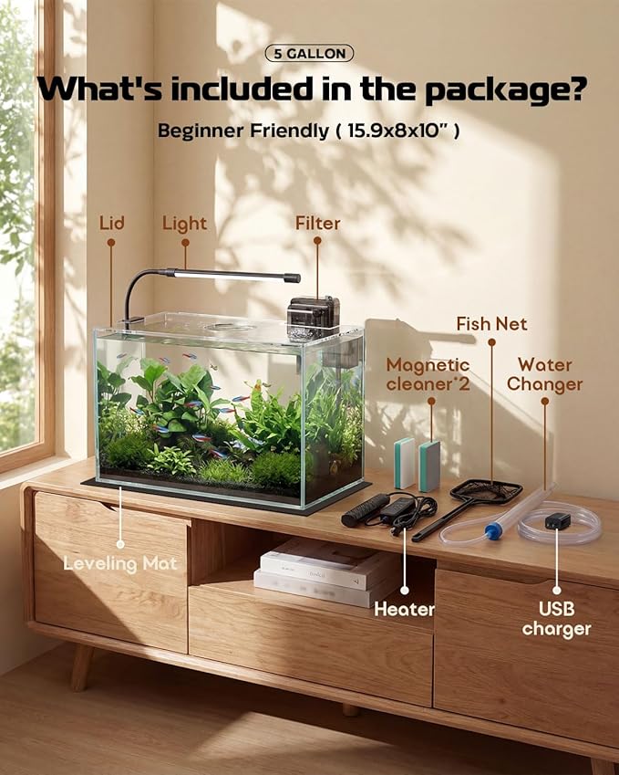 Glass Fish Tank Kit, 5 Gallon Betta Fish Tank Aquarium Starter Kit with Filter, Lights, Lid, for Betta, Goldfish, Small Fish or shrimg，Clear