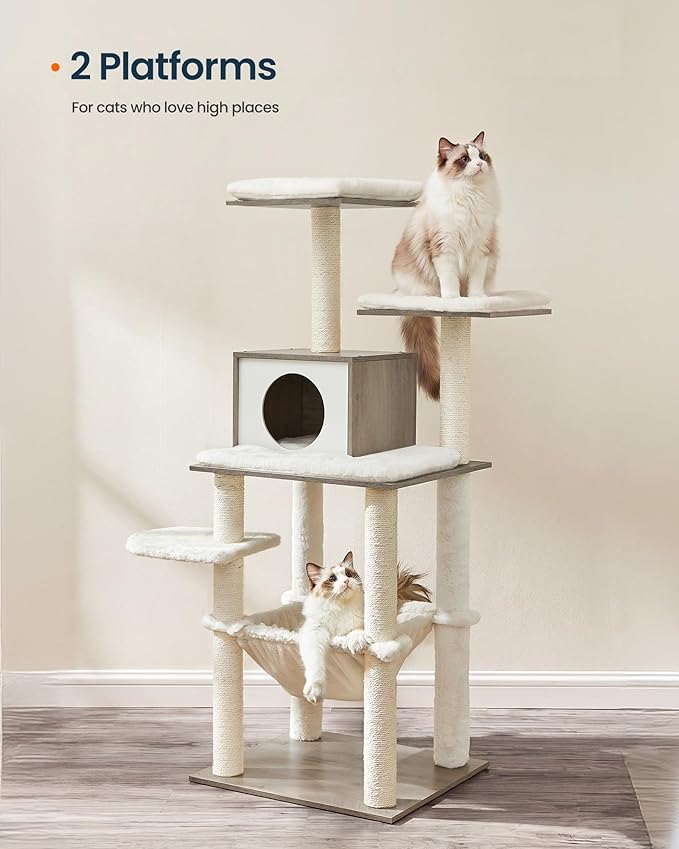 SONGMICS HOME Cat Tree Tower, Multi-Level Cat Condo with Hammock and Sisal Scratching Posts, Furniture for Indoor Large Cats, Greige