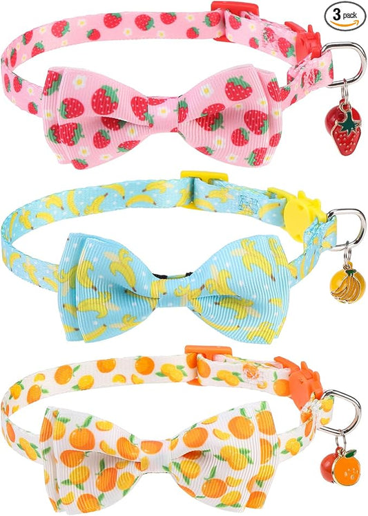 Breakaway Cat Collar with Removable Bow Tie and Bell, Cute Multi-Style Patterns, 3 Pack Safety Buckle Kitten Collars, Adjustable Pet Collar for Cats Puppy (Style B - Fruit)