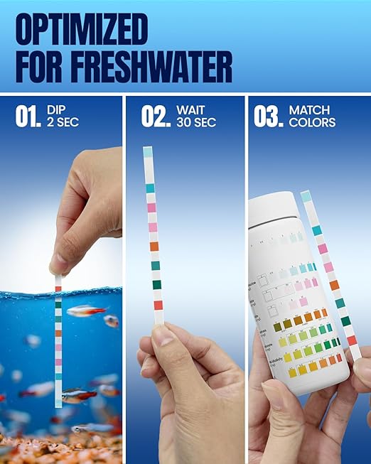 Aquarium Test Strips - 8-in-1 Aquarium Water Test Kit: Fish Tank Testing Kit for Freshwater & Saltwater, 50 Strips,Fast & Accurate Ammonia, pH, Hardness, & More， Lead Water Test Kit for Ponds