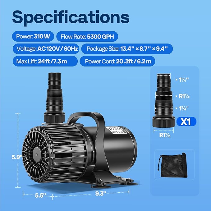 VIVOHOME Electric 310W 5300GPH Submersible Water Pump for Koi Pond Pool Waterfall Fountains Fish Tank and Aquarium