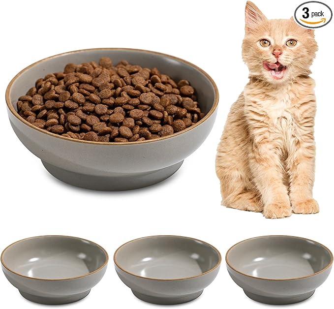 Cat Bowl Set of 3, Non Slip Dish Pet Cat Food Bowls, Shallow Water Bowl Cat Feeding Wide Bowls to Stress Relief of Whisker Fatigue, Pet Bowl for Dogs Rabbits Puppy Birds(Safe Food-Grade Ceramic) Gray