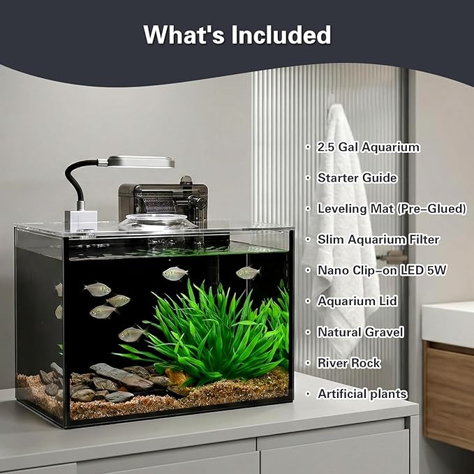 2.5 Gallon Small Aquarium Set Glass Fish Tank,Desktop Small Aquarium Kit for Beginners and Children to Keep Betta Fish, Goldfish, Shrimp, and Aquatic Plants (Black, 2.5 Gallon (Complete Kit) ﻿)