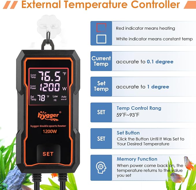 hygger Submersible Aquarium Heater 1200W Fish Tank Heater with Temperature Control & Auto Off Protection for 160-300 Gallons Saltwater and Freshwater