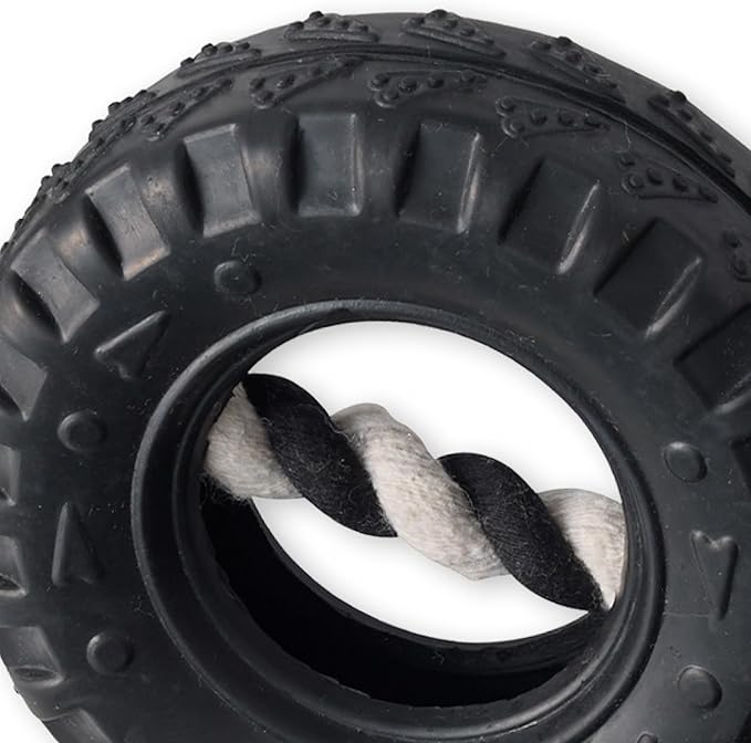 Pet Passion Natural Rubber Tire and Organic Cotton Rope Pull and Chew Dog Toy for All Pet Breeds, Black, Medium