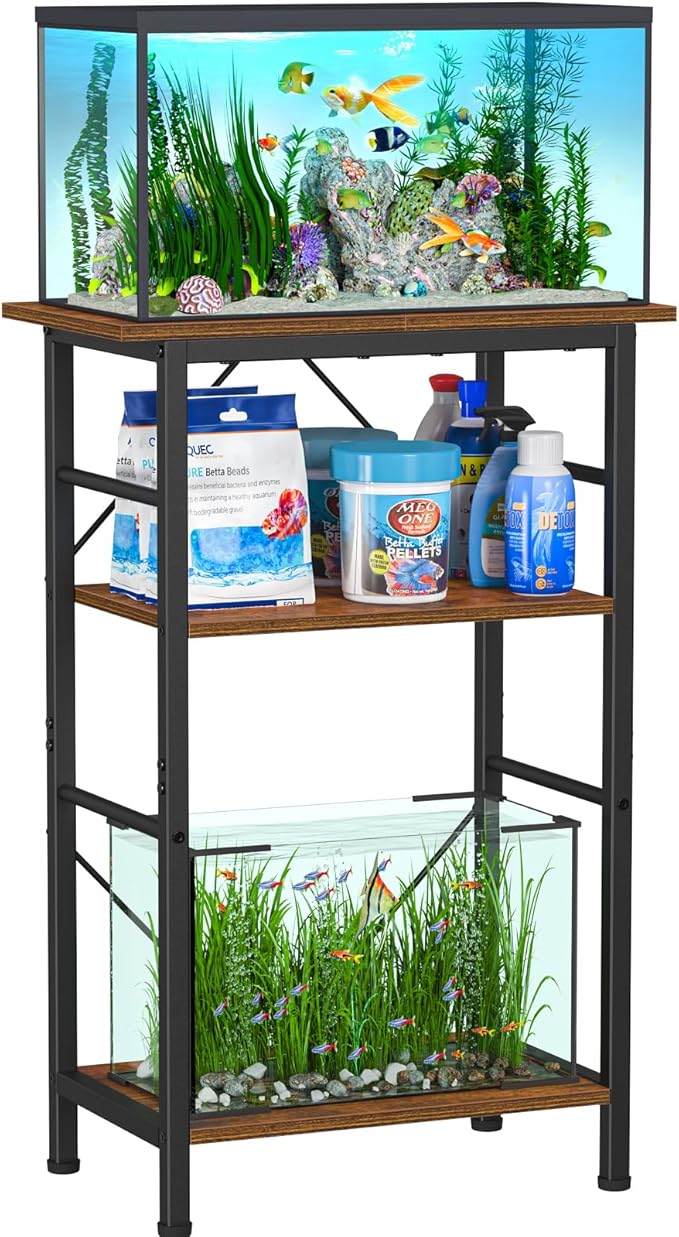 Snughome 5-10 Gallon Aquarium Stand, 3 Tier Fish Tank Stand with Storage, Fish Tank Stand with Metal Frame, Reptile Turtle Tank Stand for Home Office, 20.47" x 11.02" x 30.52", Rustic Brown