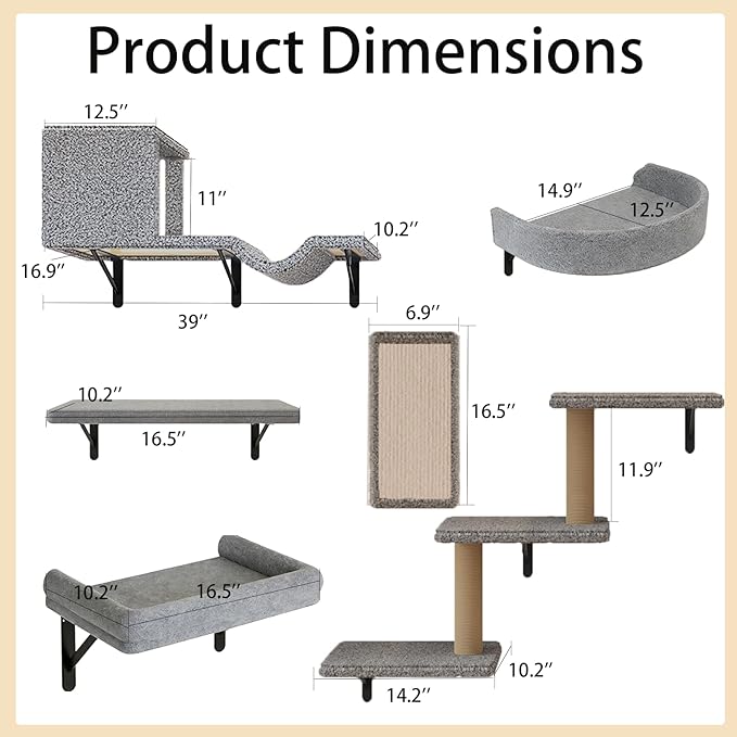 Cat Wall Shelves, 10-Piece Complete Cat Wall Furniture System with Perches and Scratching Posts, Stable Floating Climbing Set for Large Indoor Cats, Space Saving Kitty Furniture - Light Gray