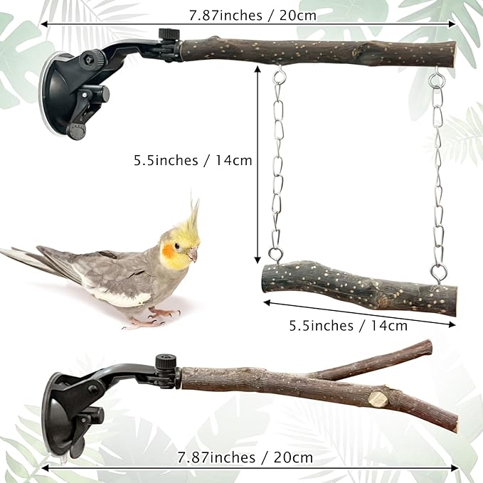 BNOSDM 2 Pcs Bird Perch Stand, Parrot Wood Perch with Strong Suction Cup, Movable Perches Stand Bird Training Set, for Window Shower Bathroom Ceramic Tiles for Parrots, Parakeets, Budgies, Lovebirds